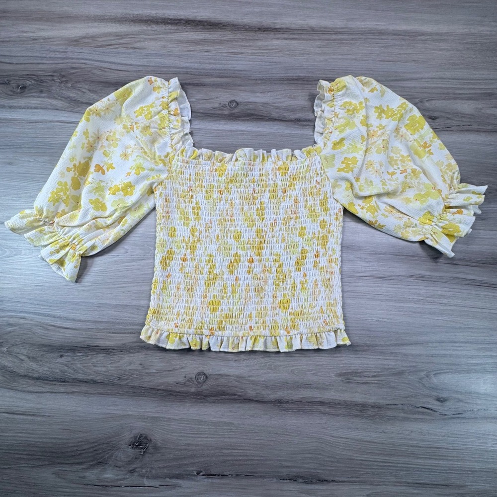Charlie Holiday Yellow Floral Smocked Puff Sleeve Top‎ USA 6